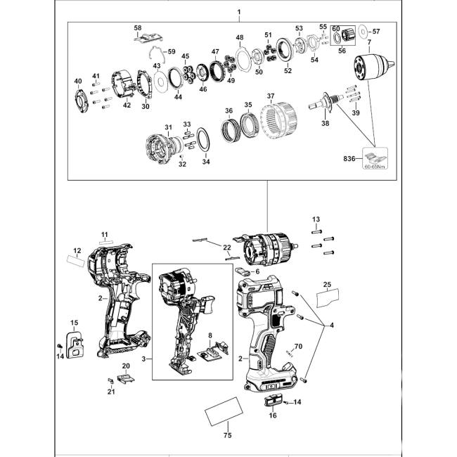 Wiertarko-wkrętarka akumulatorowa - DEWALT DCD791 Typ 11 - (rysunek techniczny)
