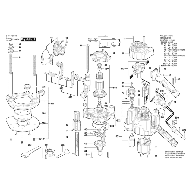Frezarka górnowrzecionowa - BOSCH NIEBIESKI GOF1250CE 3601F26001 - (rysunek techniczny)
