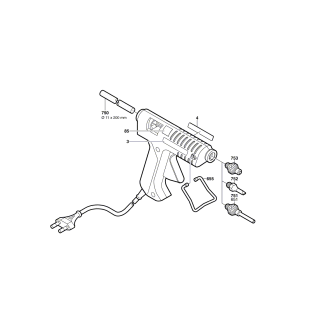 Pistolet klejowy akumulatorowy - BOSCH ZIELONY PKP18E 0603264508 - (rysunek techniczny)
