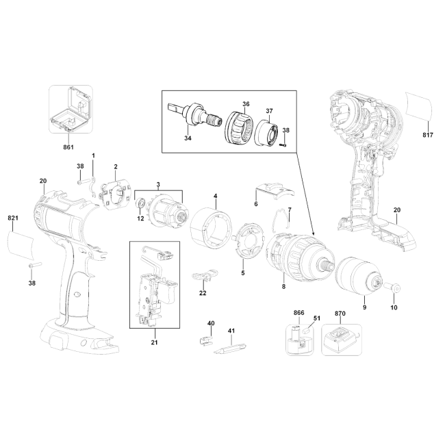 Wiertarko-wkrętarka akumulatorowa - DEWALT DC720K Typ 10 - (rysunek techniczny)
