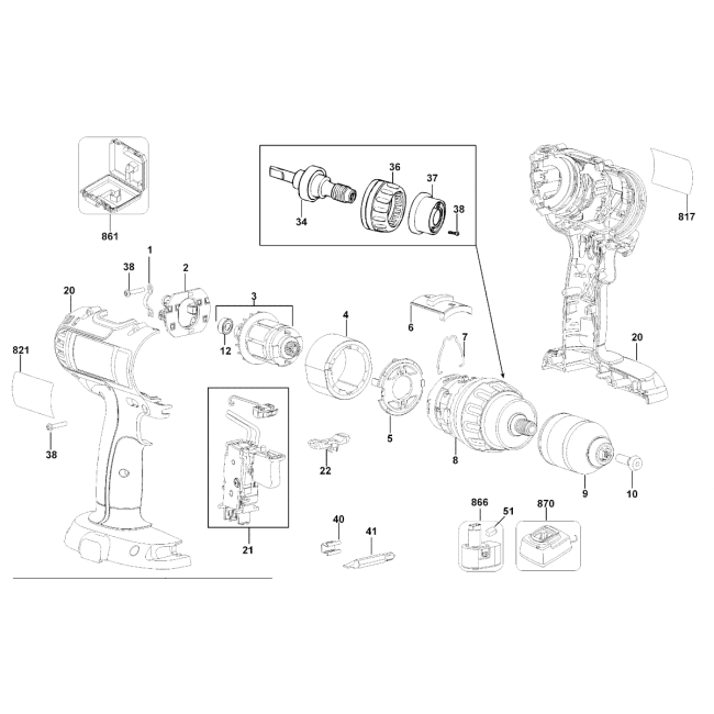 Wiertarko-wkrętarka akumulatorowa - DEWALT DC721K Typ 10 - (rysunek techniczny)
