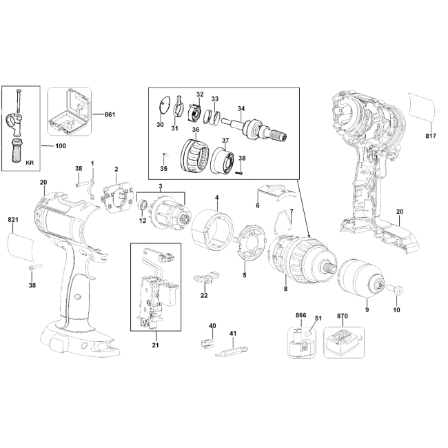 Wiertarko-wkrętarka akumulatorowa - DEWALT DC737K Typ 1 - (rysunek techniczny)
