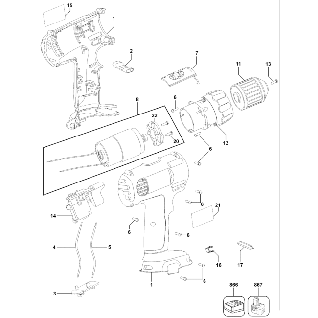 Wiertarko-wkrętarka akumulatorowa - DEWALT DC740 Typ 3 - (rysunek techniczny)
