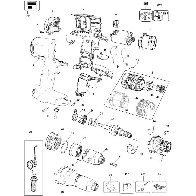 Wiertarko-wkrętarka akumulatorowa - DC988 Typ 11 - (rysunek techniczny)
