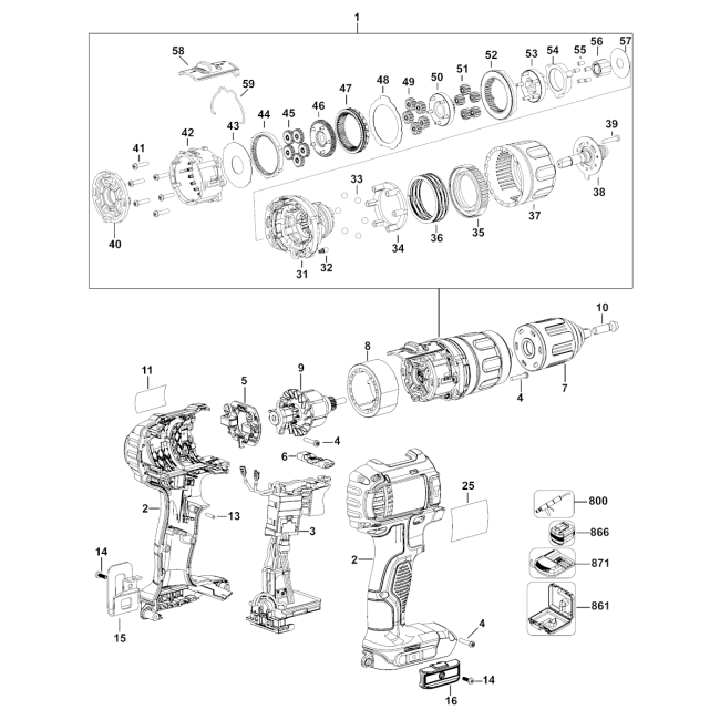 Wiertarko-wkrętarka akumulatorowa - DEWALT DCD730 Typ 10 - (rysunek techniczny)
