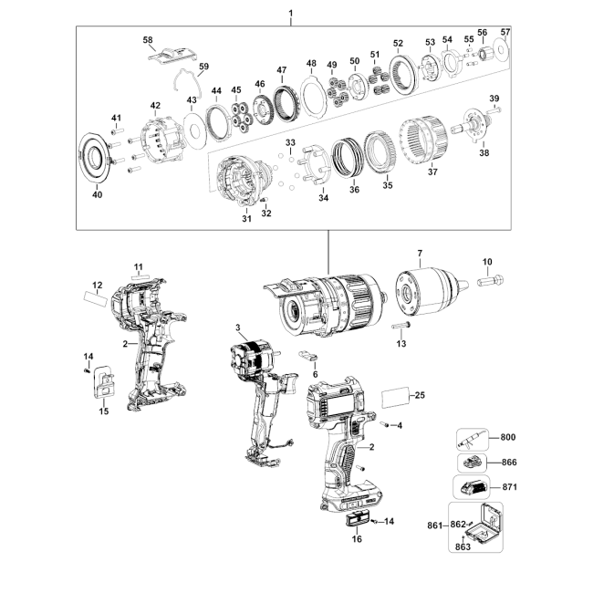 Wiertarko-wkrętarka akumulatorowa - DEWALT DCD732 Typ 11 - (rysunek techniczny)
