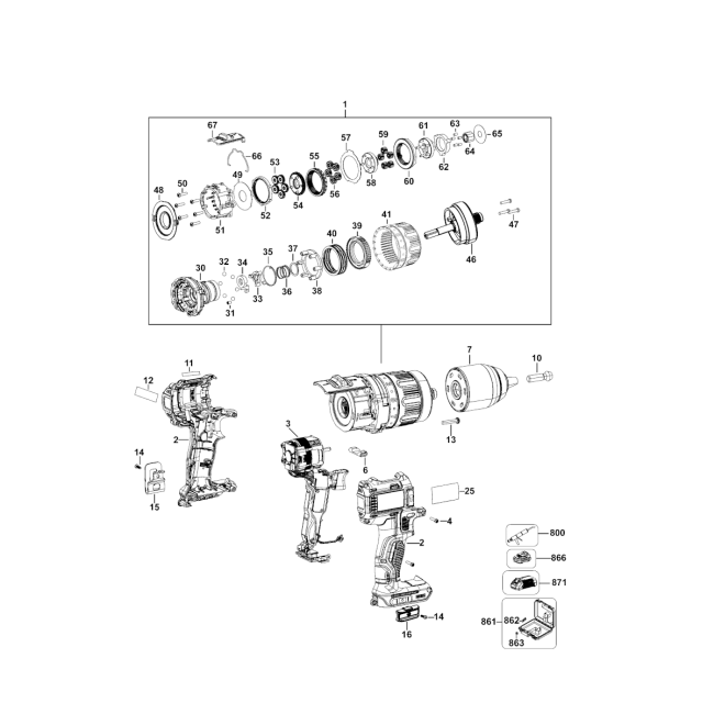 Wiertarko-wkrętarka akumulatorowa - DEWALT DCD737 Typ11 - (rysunek techniczny)
