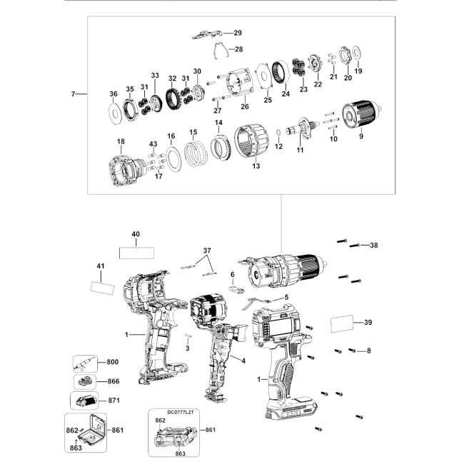 Wiertarko-wkrętarka akumulatorowa - DEWALT DCD777 Typ 1 - (rysunek techniczny)
