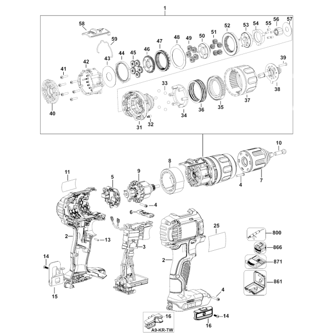 Wiertarko-wkrętarka akumulatorowa - DEWALT DCD780 Typ 1 - (rysunek techniczny)
