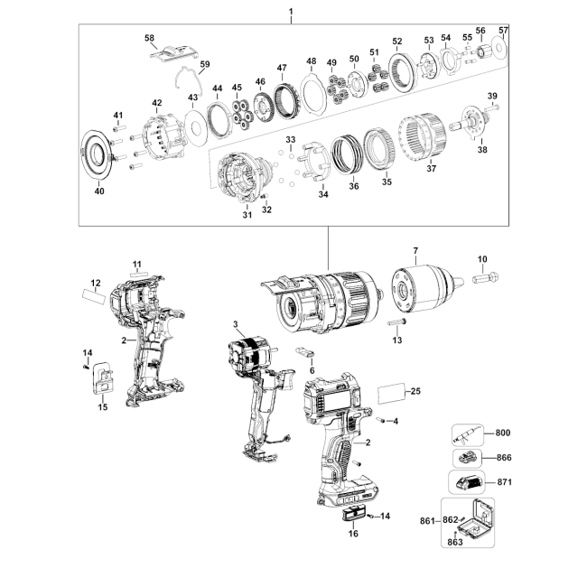 Wiertarko-wkrętarka akumulatorowa - DEWALT DCD790 Typ 3 - (rysunek techniczny)
