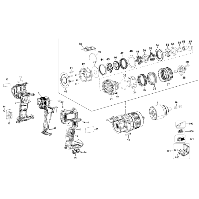 Wiertarko-wkrętarka akumulatorowa - DEWALT DCD790 Typ 10 - (rysunek techniczny)
