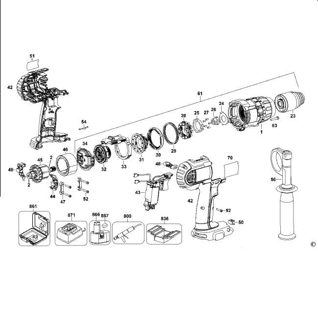 Wiertarko-wkrętarka akumulatorowa - DEWALT DCD970 Typ 1 - (rysunek techniczny)
