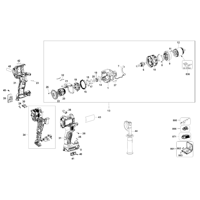 Wiertarko-wkrętarka akumulatorowa - DEWALT DCD991 Typ 10 - (rysunek techniczny)
