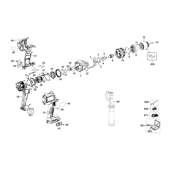 Wiertarko-wkrętarka akumulatorowa - DEWALT DCD995 Typ 2 - (rysunek techniczny)
