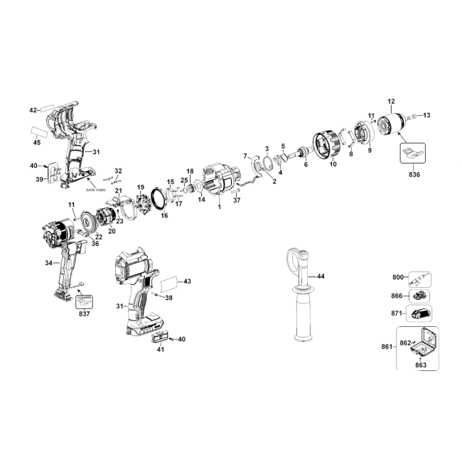 Wiertarko-wkrętarka akumulatorowa - DEWALT DCD995 Typ10 - (rysunek techniczny)
