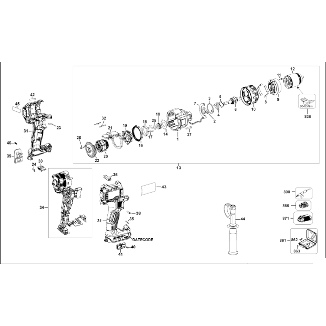 Wiertarko-wkrętarka akumulatorowa - DEWALT DCD996 Typ 10 - (rysunek techniczny)
