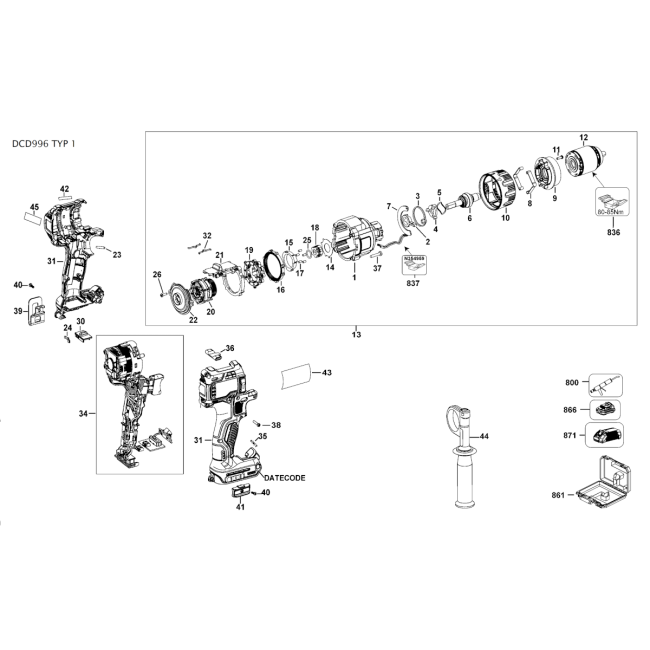 Wiertarko-wkrętarka akumulatorowa - DEWALT DCD996 Typ 1 - (rysunek techniczny)
