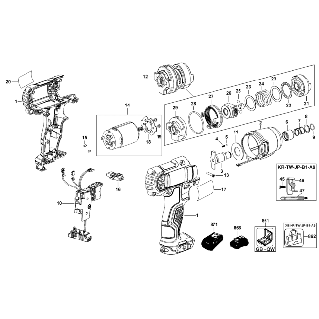 Wiertarko-wkrętarka akumulatorowa - DEWALT DCF815 Typ 1 - (rysunek techniczny)
