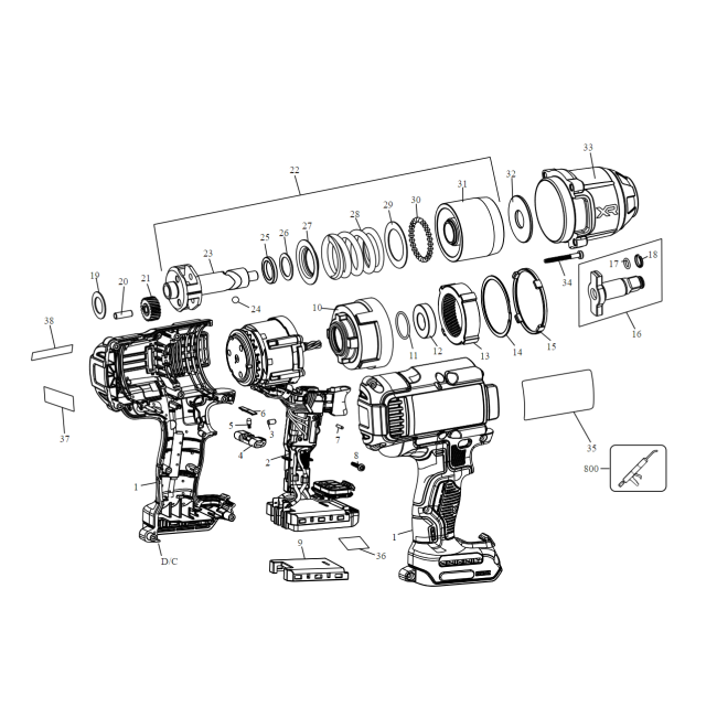 Klucz udarowy - DEWALT DCF900N Typ 1 - (rysunek techniczny)
