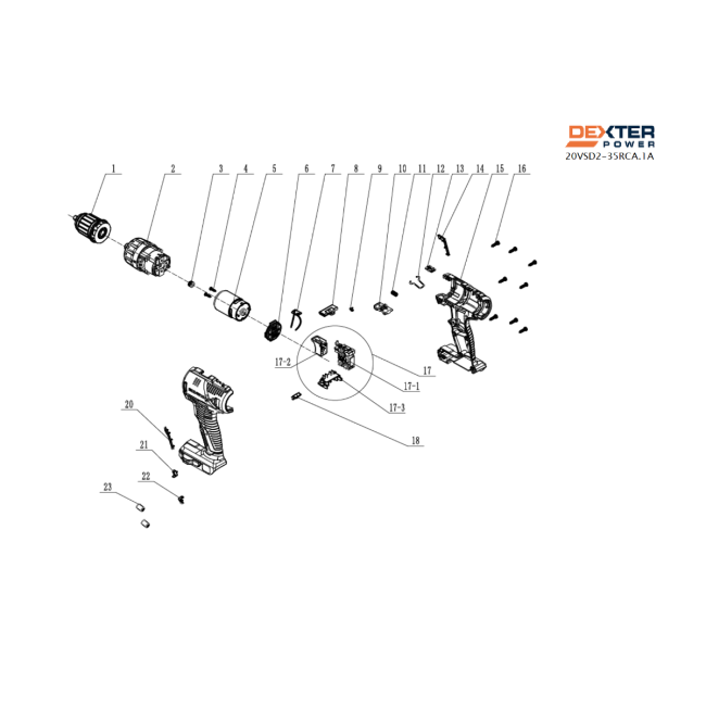 Wiertarko-wkrętarka akumulatorowa - DEXTER 20VSD2-35RC.1A 82457018 - (rysunek techniczny)
