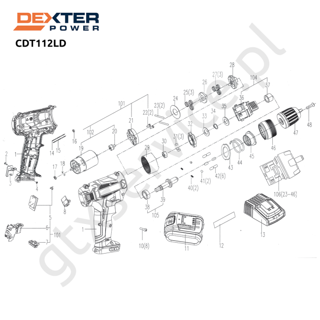 Wiertarko-wkrętarka akumulatorowa - DEXTER CDT112LD.T  82047633 - (rysunek techniczny)
