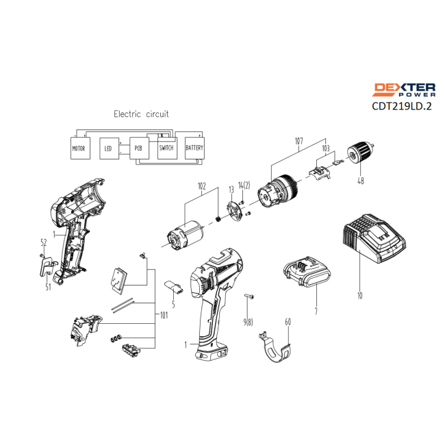 Wiertarko wkrętarka LI 18V 40NM - DEXTER CDT219LD.2 45815140 - (rysunek techniczny)
