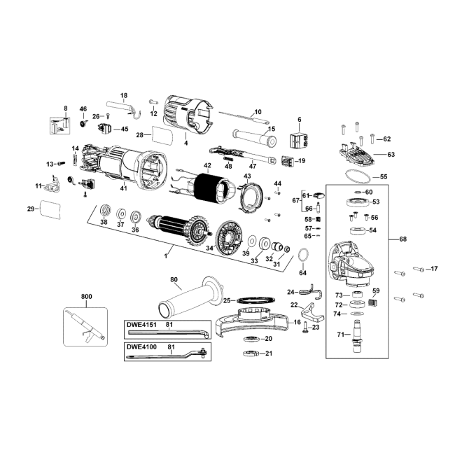 Szlifierka kątowa - DEWALT DWE4151 Typ 1 - (rysunek techniczny)
