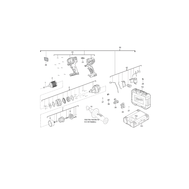 Wiertarko-wkrętarka akumulatorowa - MILWAUKEE M18BDD-402C 4000443531 - (rysunek techniczny)
