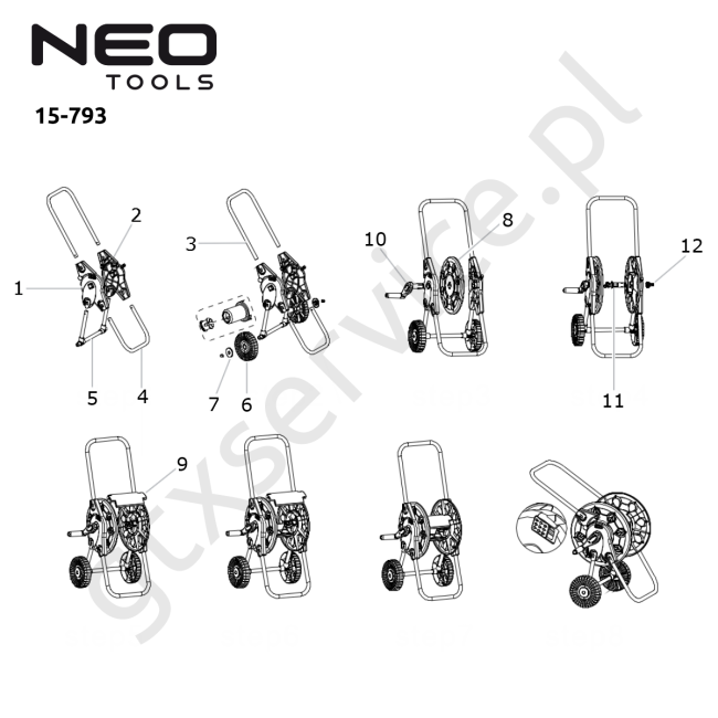 Wózek na wąz ogrodowy, tworzywo sztuczne, do 60 m węza 1/2' - NEO TOOLS 15-793 