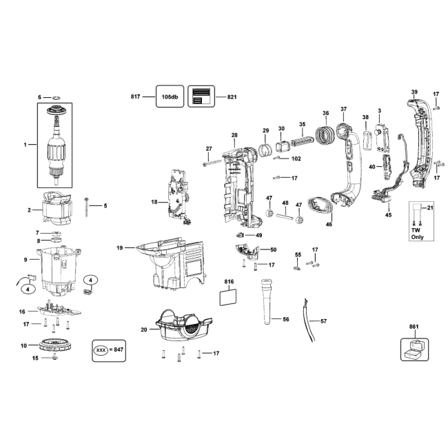Młotowiertarka - DEWALT D25711-QS Typ 1 - (rysunek techniczny)
