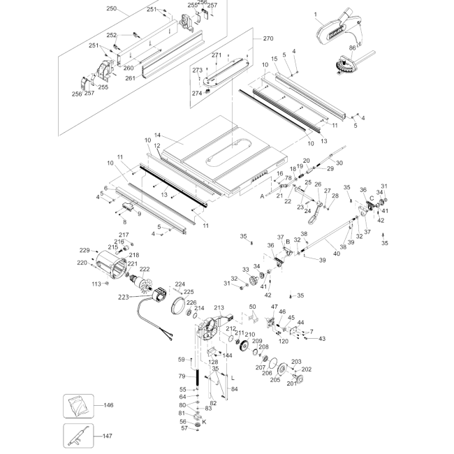 Pilarka stołowa - DEWALT DW745 Typ 1 - (rysunek techniczny)
