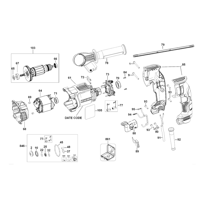 Rotary hammer drill - DEWALT D25133 Typ 1 - (rysunek techniczny)
