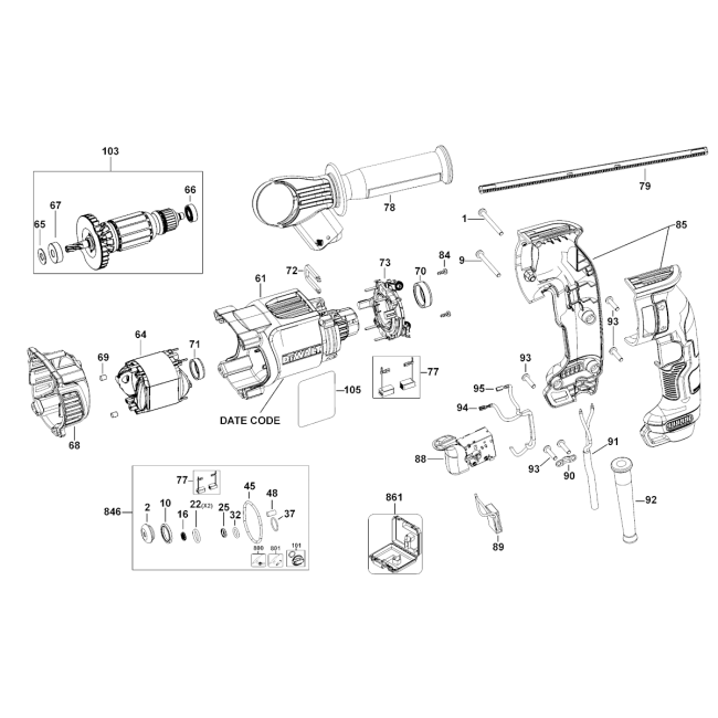 Rotary hammer drill - DEWALT D25134 Typ 1 - (rysunek techniczny)
