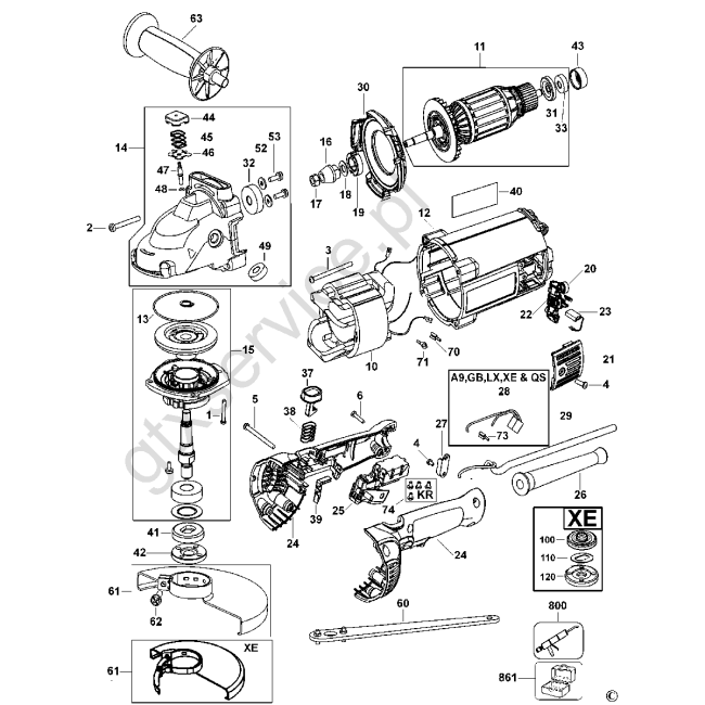 Angle grinder - DEWALT D28491 Typ 1 - (rysunek techniczny)
