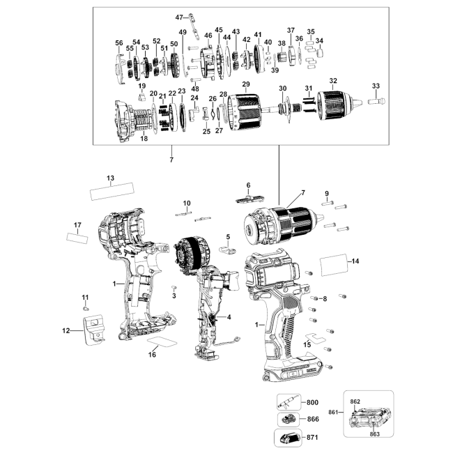 Cordless drill - DEWALT DCD709 Typ 1 - (rysunek techniczny)
